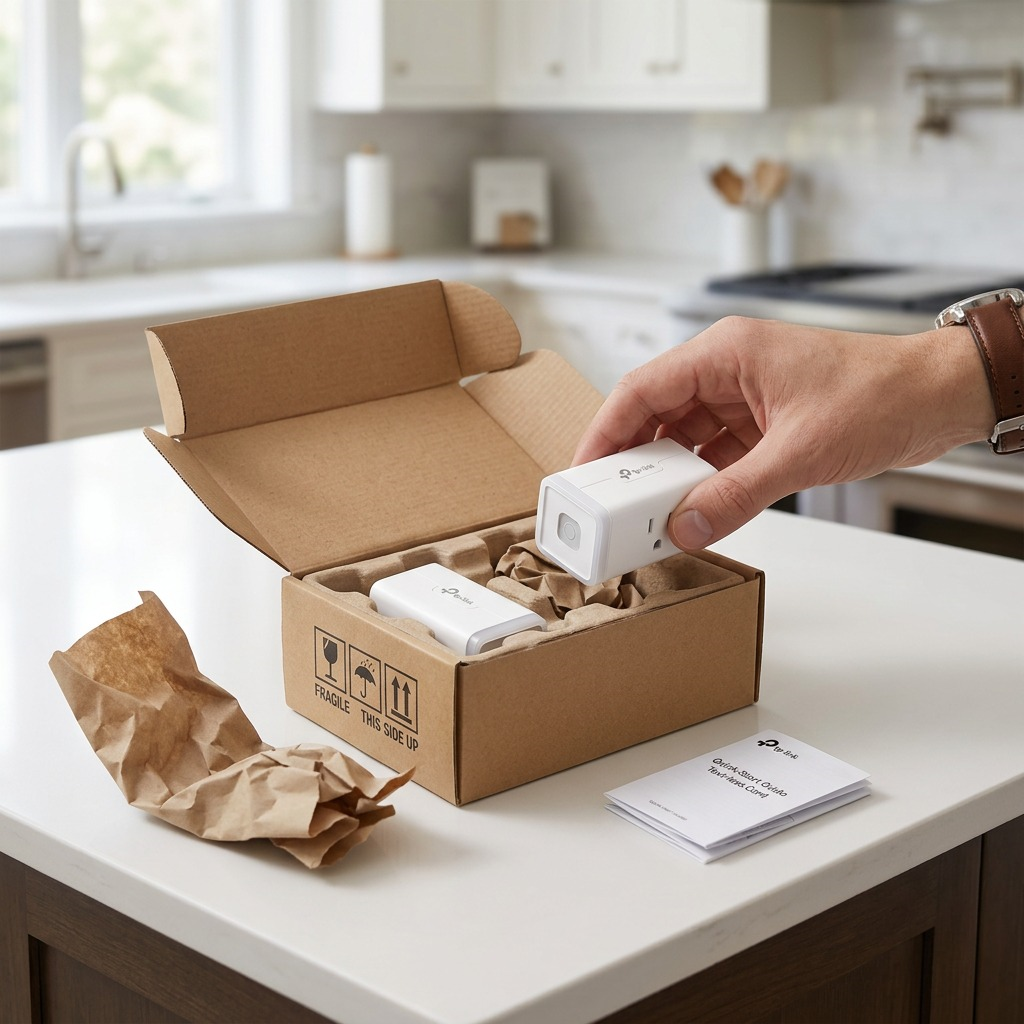 on-tabletop shot of two smart plugs removed from a box, next to a small amount of packing paper.