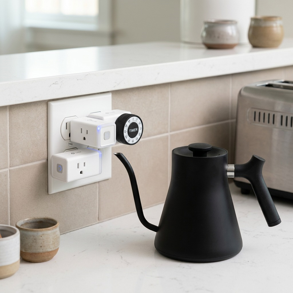A lifestyle image showing the TP-Link Kasa Smart Wi-Fi Plugs (2 Pack) plugged into a standard wall outlet.
