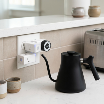 A lifestyle image showing the TP-Link Kasa Smart Wi-Fi Plugs (2 Pack) plugged into a standard wall outlet.