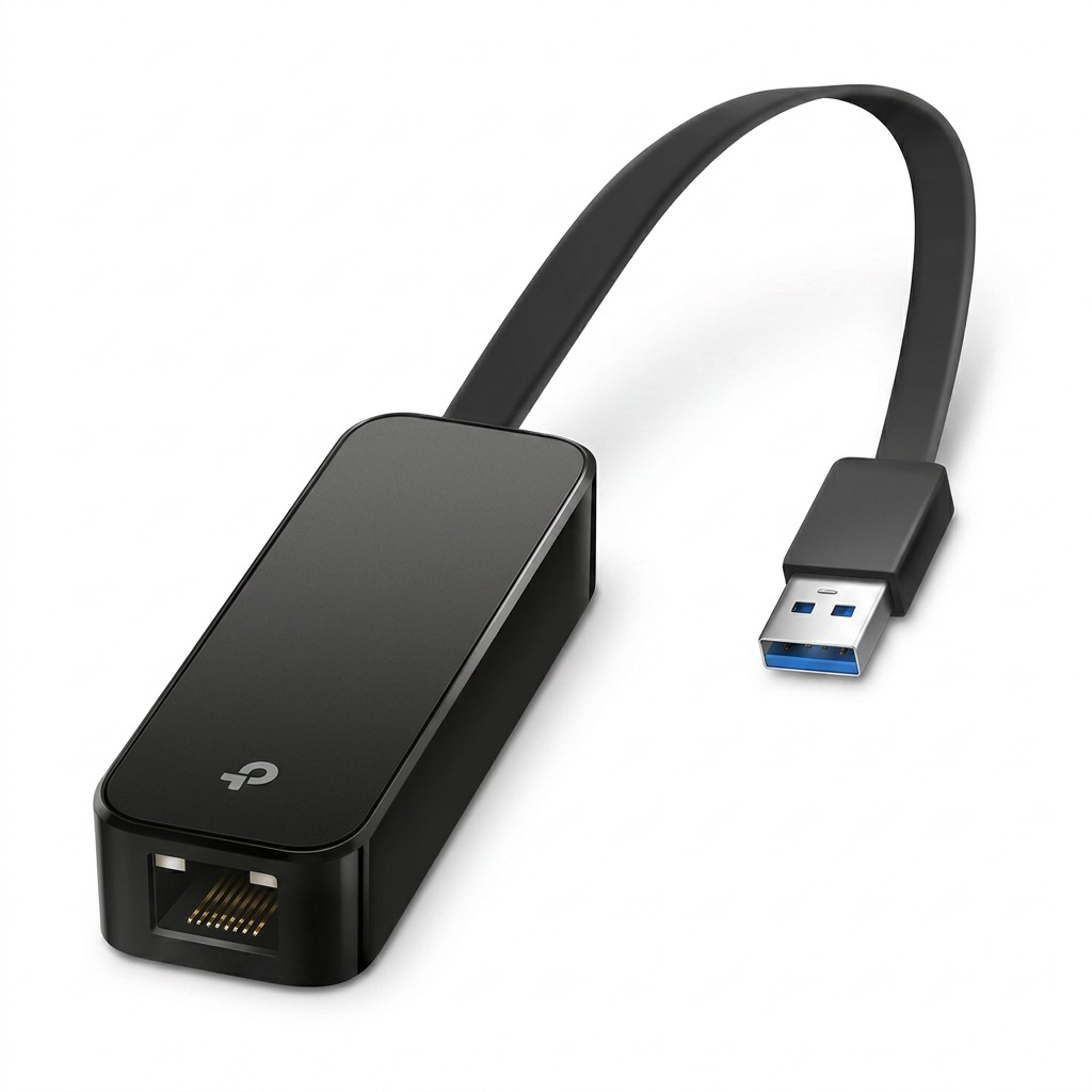 Pure, high-resolution hero shot of the TP-Link UE306 USB 3.0 to Gigabit Ethernet Adapter centered on a white background.