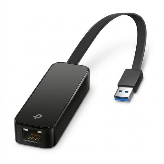 Pure, high-resolution hero shot of the TP-Link UE306 USB 3.0 to Gigabit Ethernet Adapter centered on a white background.