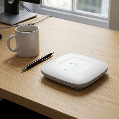 TP-Link EAP245 beside a coffee mug and pen for size comparison.