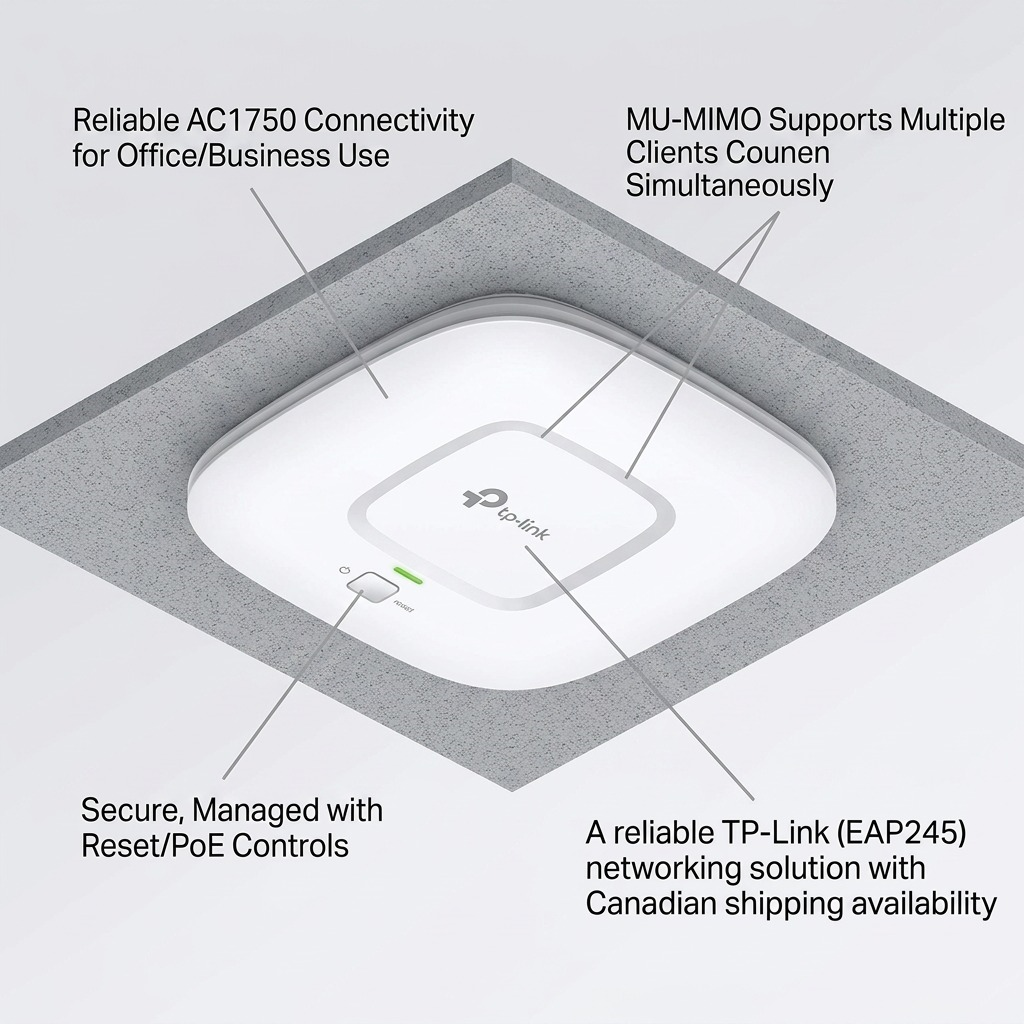 An e-commerce graphic featuring the TP-Link EAP245 in a ceiling mount, with feature callouts and Canadian shipping availability.
