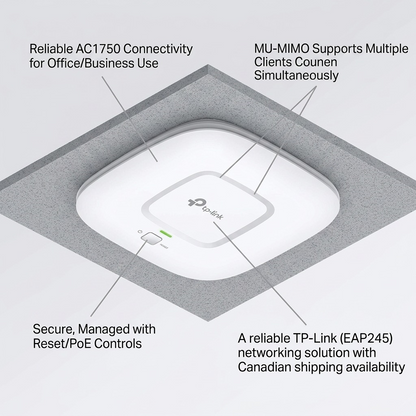 An e-commerce graphic featuring the TP-Link EAP245 in a ceiling mount, with feature callouts and Canadian shipping availability.