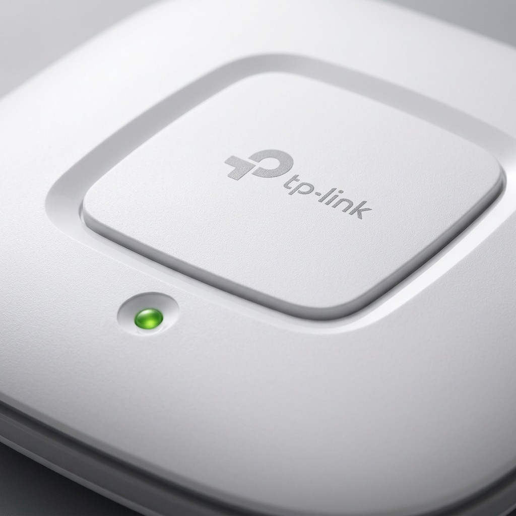 Macro photo detailing the matte texture and precise central interface of the TP-Link EAP245 access point.