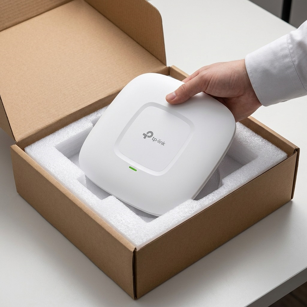 A realistic image showing the TP-Link EAP245 in protective foam packaging, conveying safe delivery.