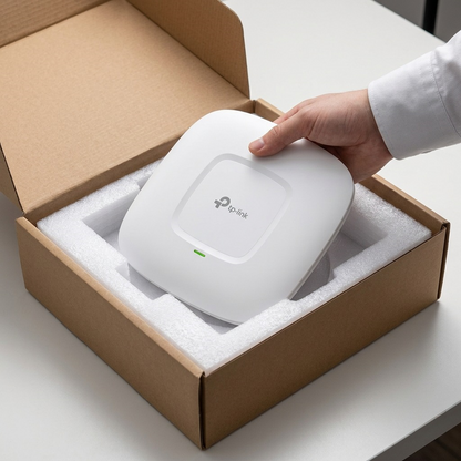 A realistic image showing the TP-Link EAP245 in protective foam packaging, conveying safe delivery.
