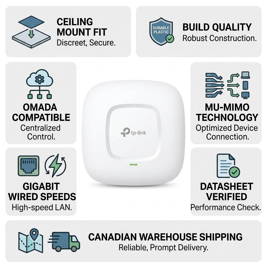 An ecommerce infographic for the TP-Link EAP245 access point, summarizing key factual selling points and Canadian shipping reliability.