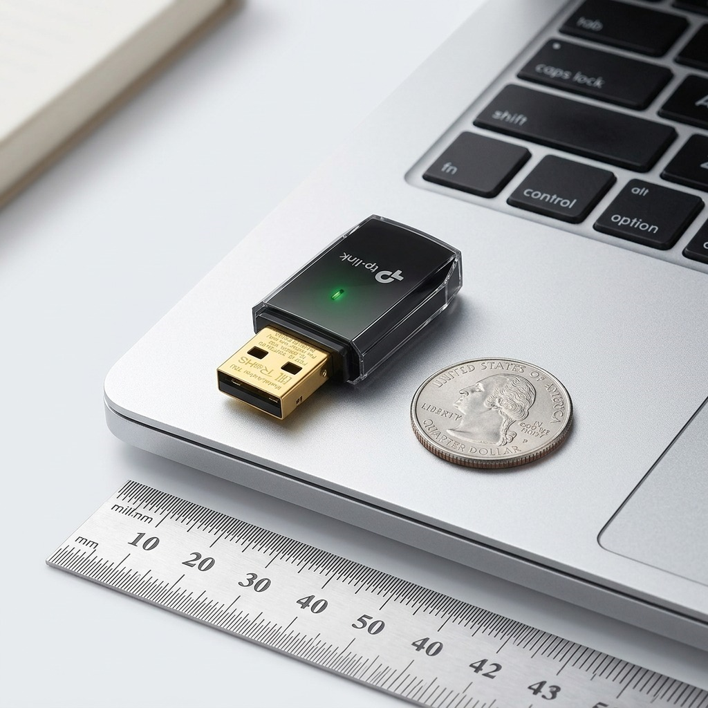 Photo showing the compact TP-Link Archer-T2U USB adapter, a standard quarter coin, and a ruler for size context.