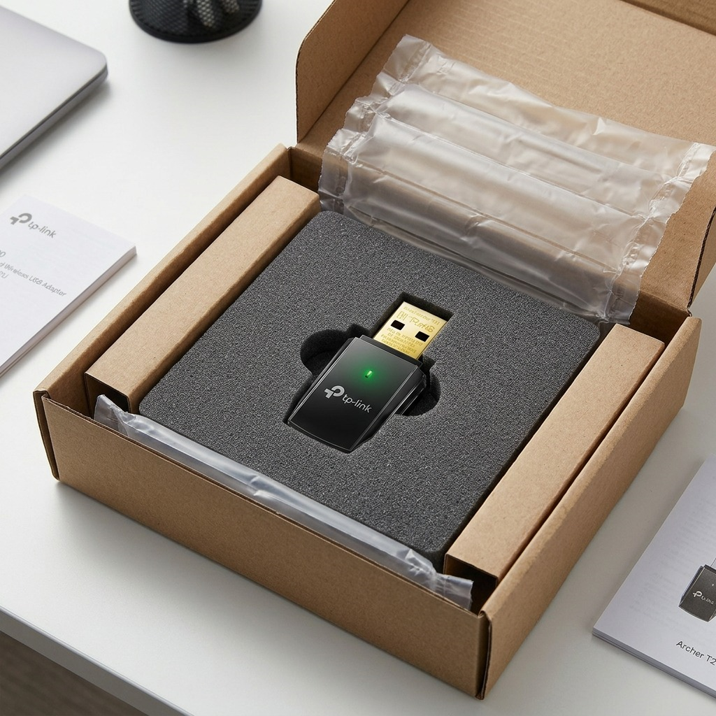 TP-Link Archer T2U Adapter is positioned in a protective, form-fitted foam tray within a cardboard box.