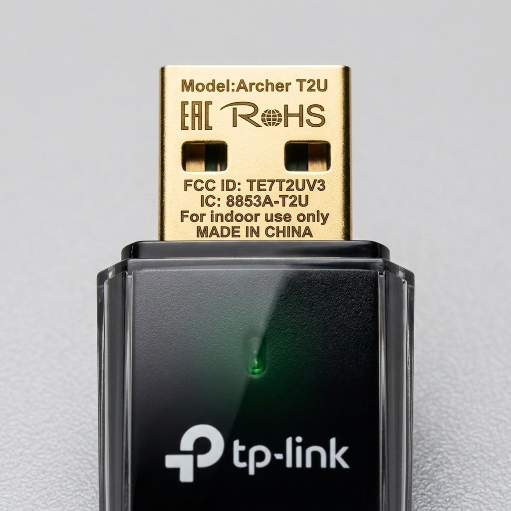 Macro view of deep-engraved details on the Archer T2U's gold USB connector and textured casing.