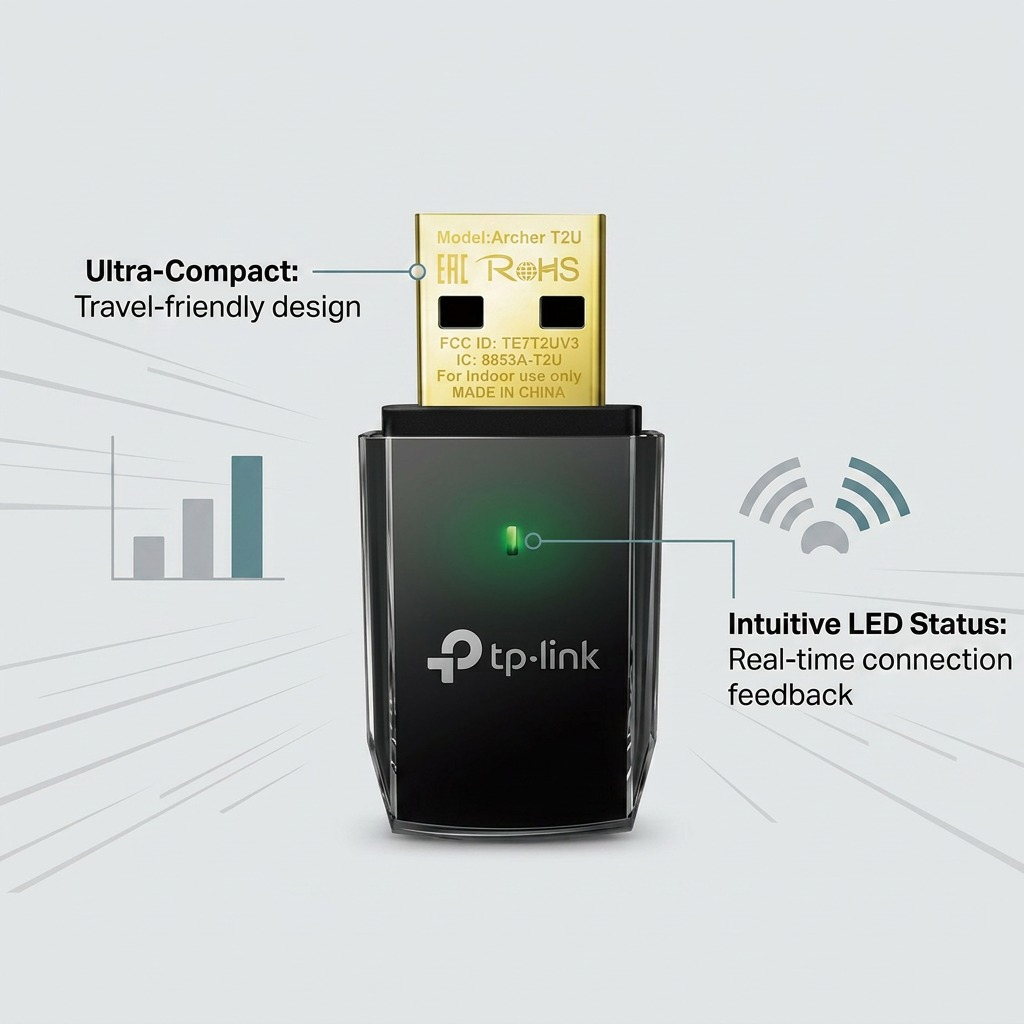 Archer T2U feature graphic highlighting compact design and LED status for real-time feedback.