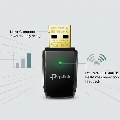 Archer T2U feature graphic highlighting compact design and LED status for real-time feedback.