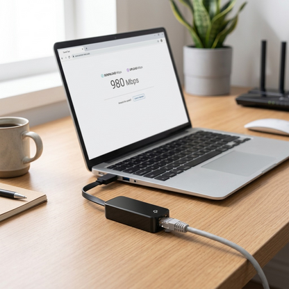 A TP-Link UE306 adapter connects an unboxed ultra-thin laptop (showing its ports for realism) to a modern home router via an ethernet cable. Clear connection signals (lights or icons) show high-speed data transfer in a clean, professional home office. Focus on product use in a real-world, high-traffic network scenario. (Approx. 210 characters for detailed alt text; concise requirement for next turn).