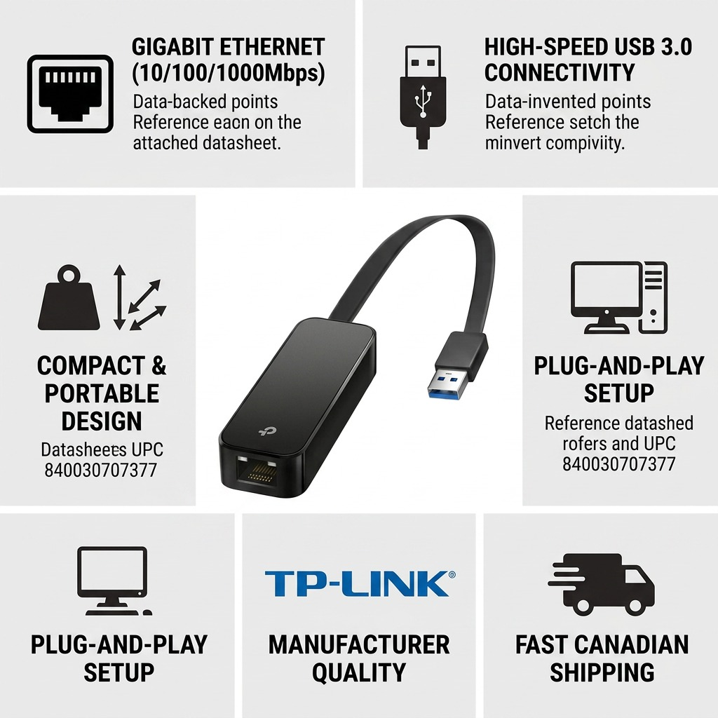 Trust and authority infographic matrix for TP-Link UE306 adapter, featuring key factual features and Canadian shipping.