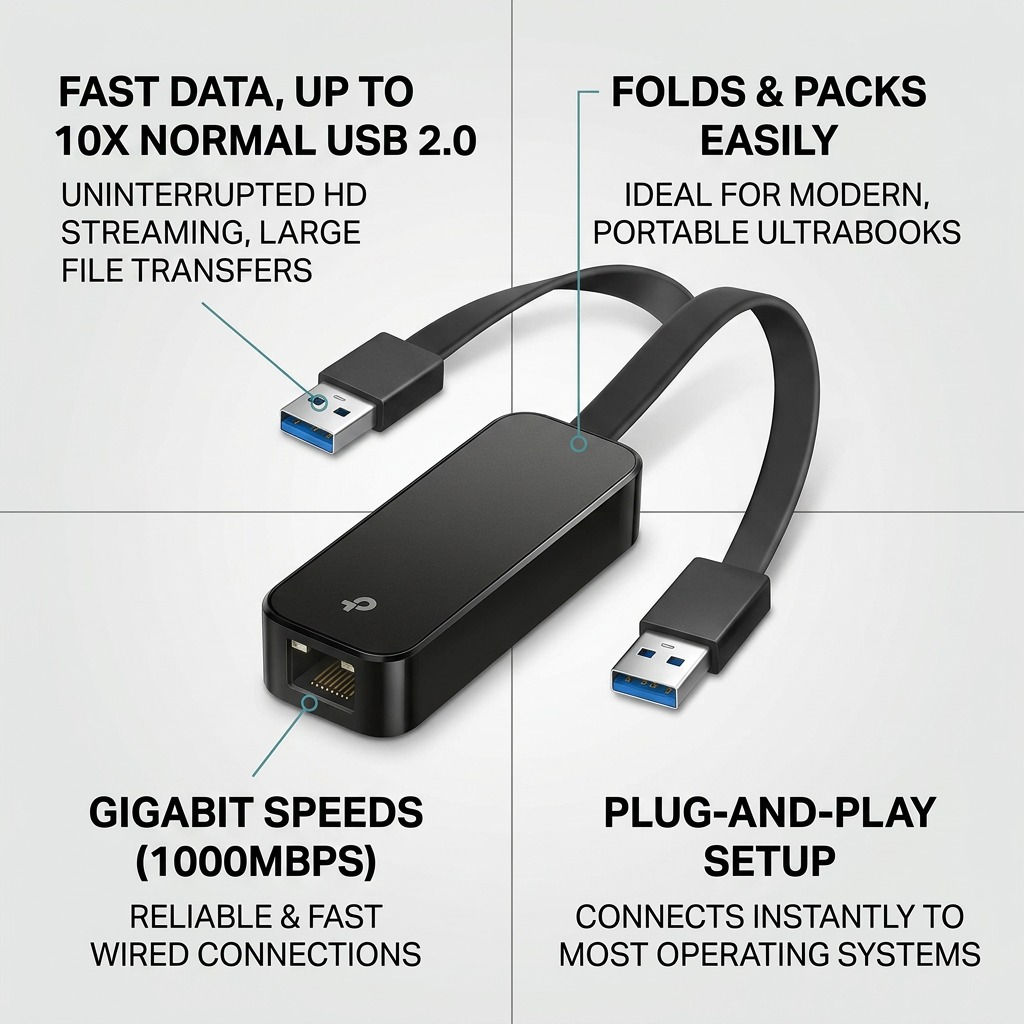 Product data infographic: A four-part matrix showing features like USB 3.0 up to 10X data speeds, small portable size, Gigabit 1000Mbps wired performance, and Plug-and-Play setup, for the TP-Link UE306.