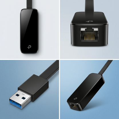 A premium 2x2 grid showing the TP-Link UE306 network adapter from four distinct visual angles.