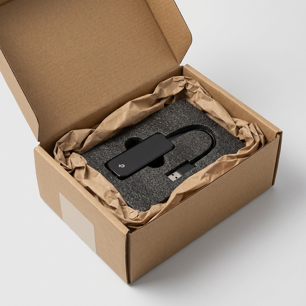 A TP-Link UE306 adapter safely surrounded by protective foam and brown paper inside an open cardboard shipping box.