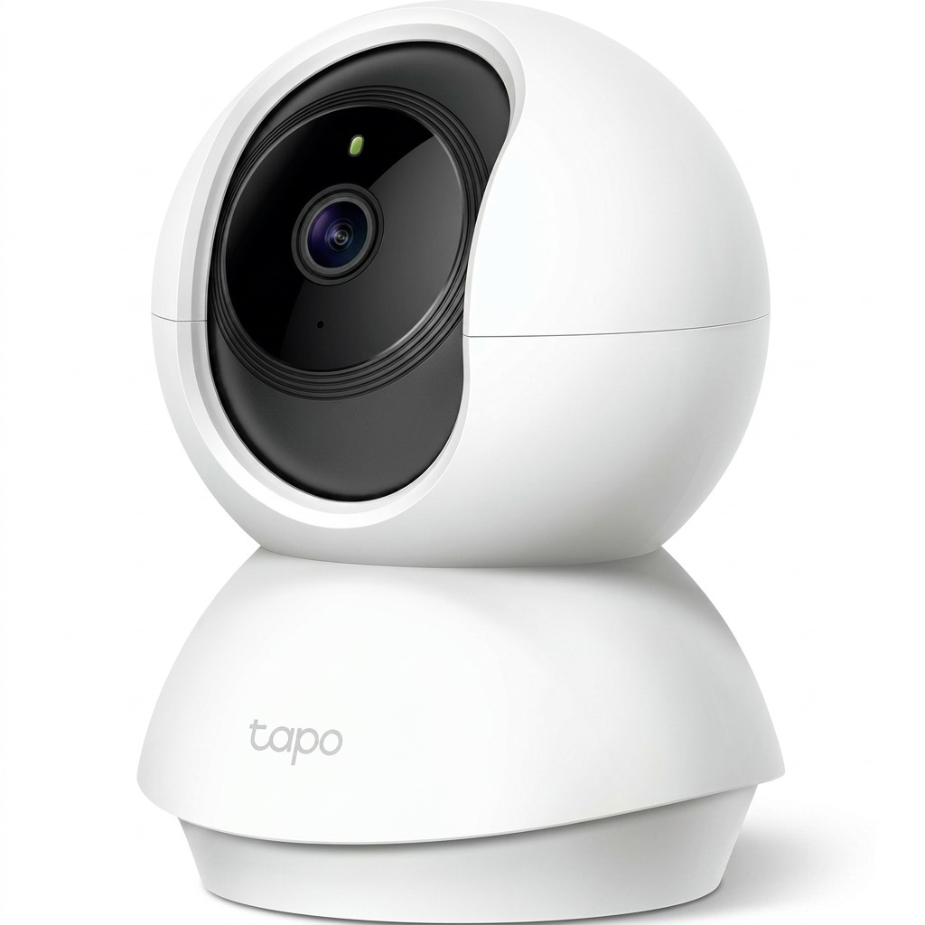 A high-resolution ecommerce hero shot of the white TP-Link Tapo C200 Pan/Tilt Home Security Wi-Fi Camera. The camera is centered against a pure white background, showcasing its distinct spherical and conical design with the 'tapo' logo visible on the base, all captured with clean, professional lighting and a realistic soft shadow for scale.