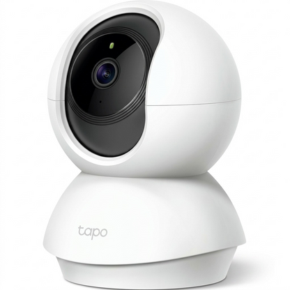 A high-resolution ecommerce hero shot of the white TP-Link Tapo C200 Pan/Tilt Home Security Wi-Fi Camera. The camera is centered against a pure white background, showcasing its distinct spherical and conical design with the 'tapo' logo visible on the base, all captured with clean, professional lighting and a realistic soft shadow for scale.