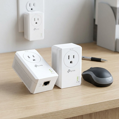 TP-Link Powerline adapters plugged into a desk outlet next to a computer mouse for size comparison.