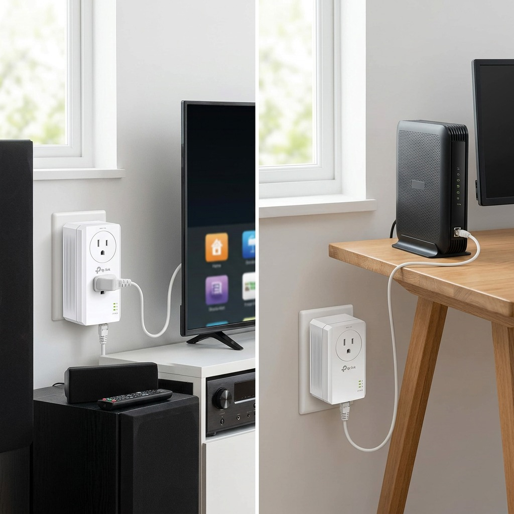 Lifestyle photo showing the TP-Link Gigabit Passthrough Powerline adapters in use, one on a home theater shelf and another in a remote home office.