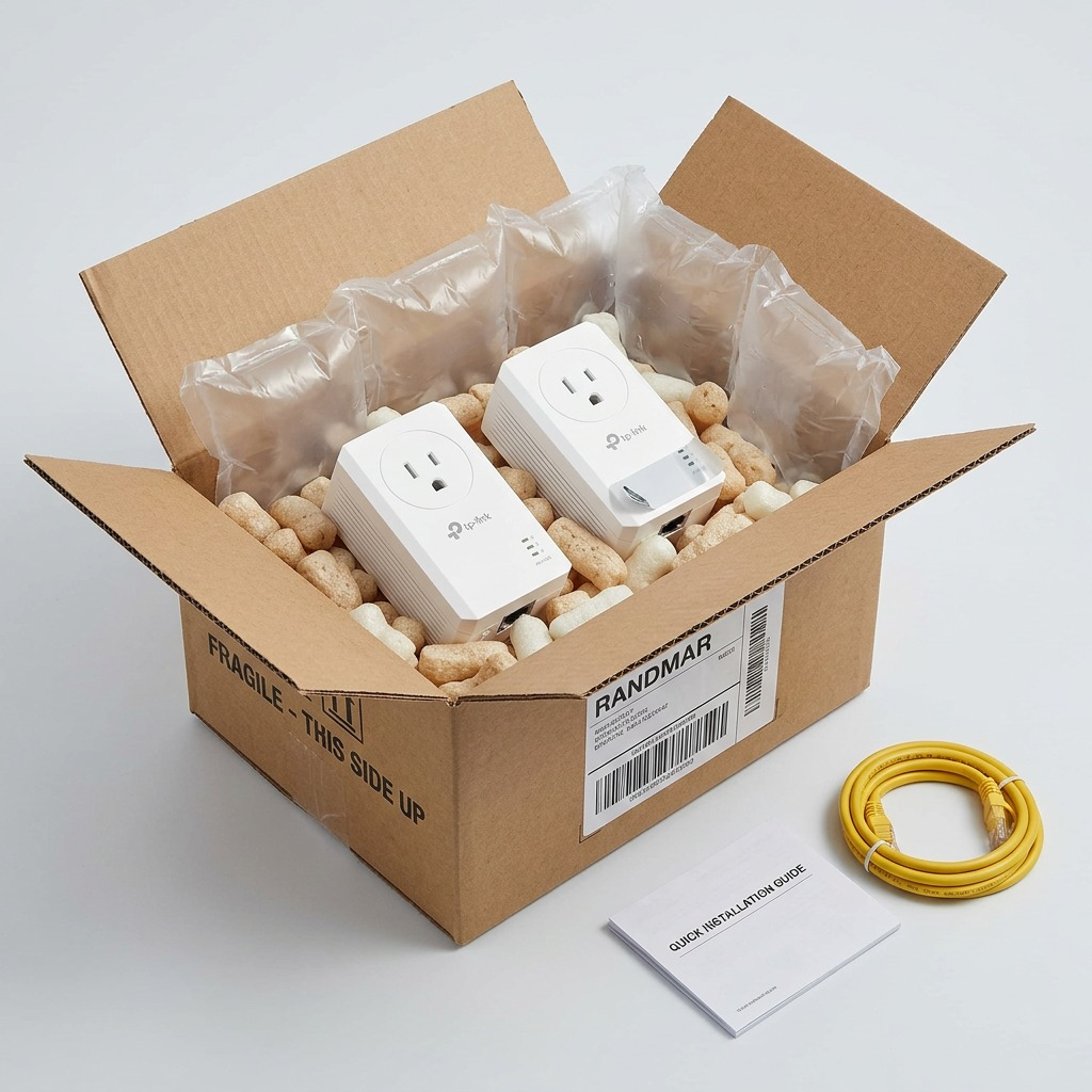 Action shot of TP-Link adapters unboxed from a cardboard box, cushioned with neutral air pillows.