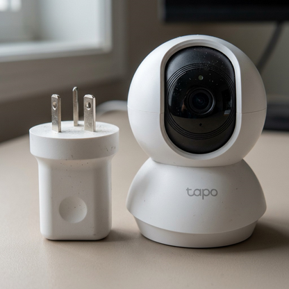 A photo of the TP-Link Tapo C200 security camera standing next to a standard outdoor lighting timer plug.