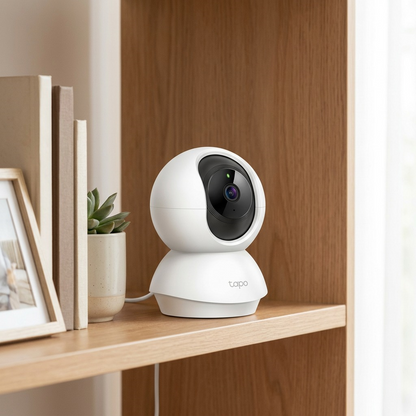 A lifestyle image of the white TP-Link Tapo C200 camera, accurate to the reference, sitting on a wooden living room shelf.