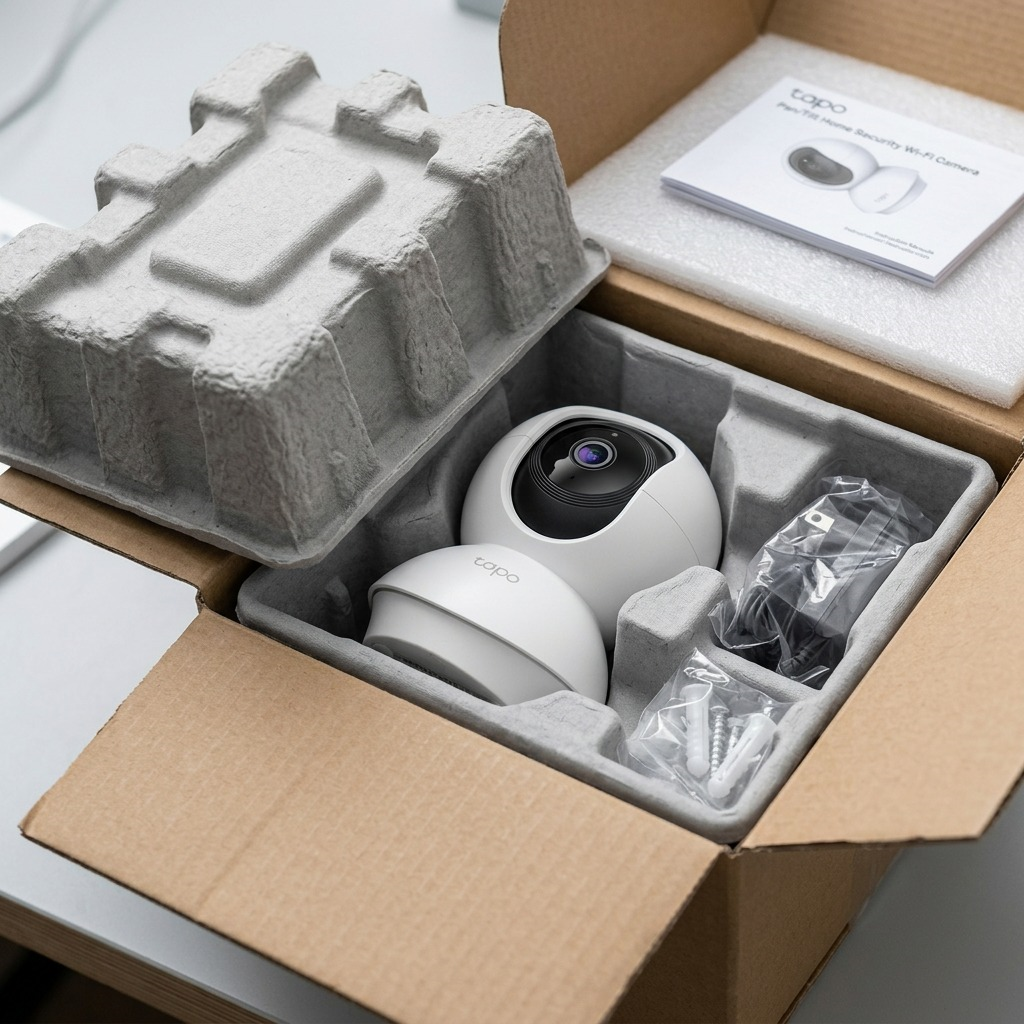 Unboxing a new Tapo C200 camera, revealing its secure custom protective foam packaging.