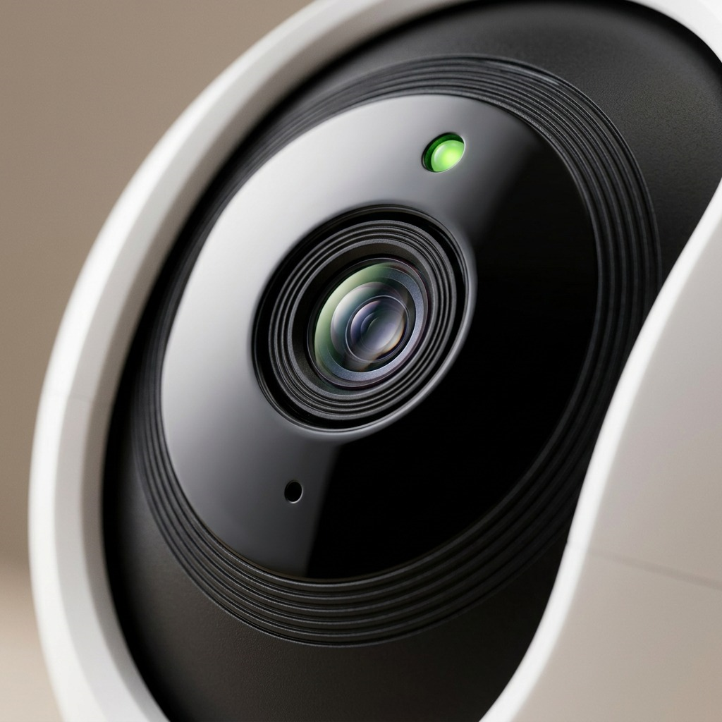 Macro inspection of the TPC-Link TP-Link Tapo C200 lens, status LED, and microphone detail.