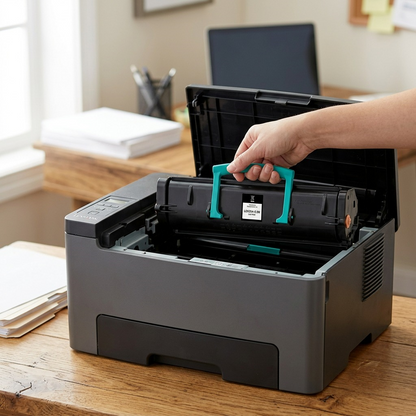 A lifestyle image showing the Static Control Lexmark toner within an open laser printer on an office desk.