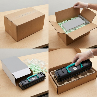 A photograph of an opened cardboard shipping box, with the teal and black LCX264 toner cartridge nestled securely inside. The box contains paper dunnage and air pillow cushions.