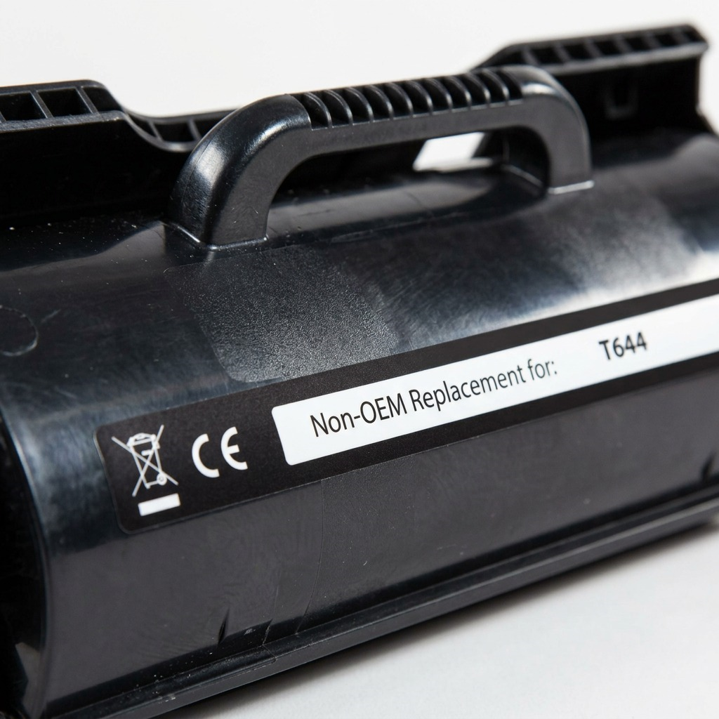 Extreme macro photo of the 'Non-OEM Replacement for: T644' label and plastic texture on a toner cartridge.