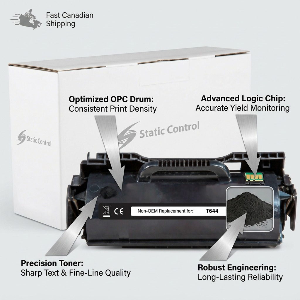 Product visual matrix image for the static control T644 toner cartridge, with operational feature callouts.