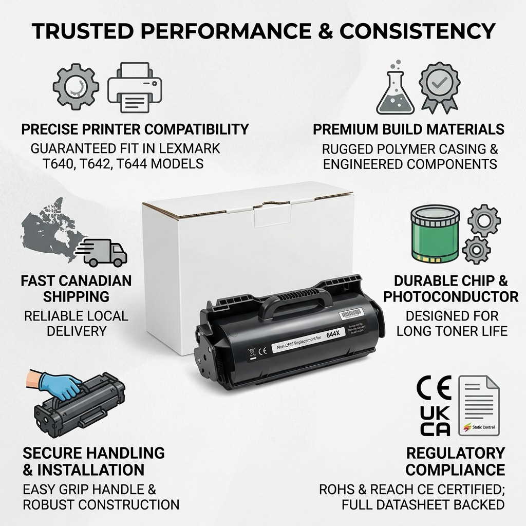 An infographic showing the Static Control Lexmark compatible toner cartridge with feature icons and factual trust text.