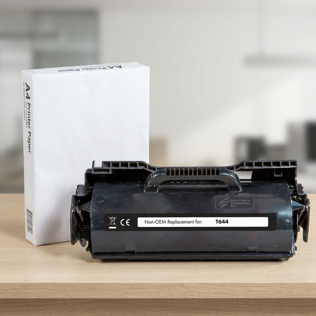 Toner cartridge placed next to an A4 paper ream for scale, showing accurate size and form.