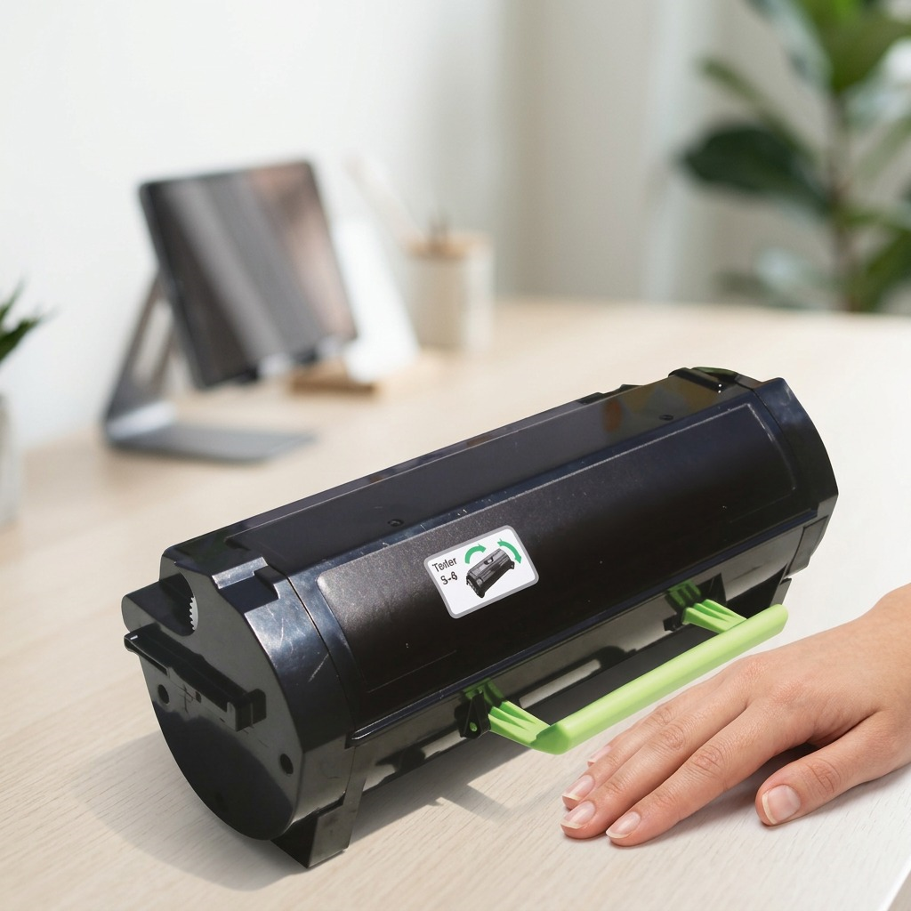 Lexmark 56F1X00 toner cartridge to scale with hand.