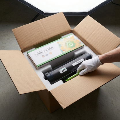 A protective shipping box shown open, with the Static Control toner inside surrounded by supportive foam.