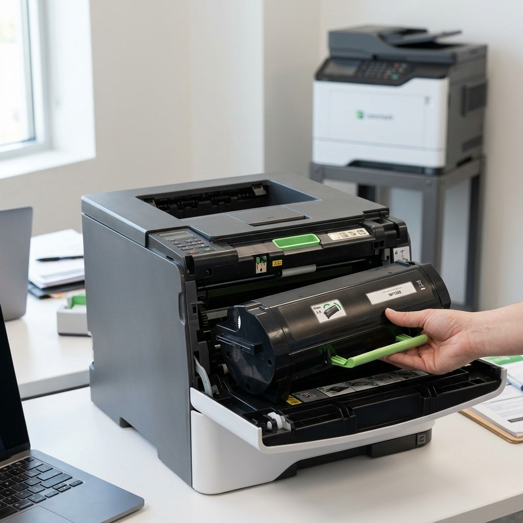 A high-yield black toner cartridge is installed in an office laser printer.