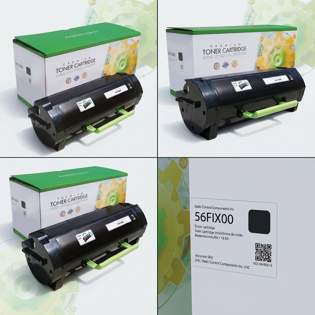 PDP visually matrix showing the Lexmark 56F1X00 toner and packaging from multiple key angles.