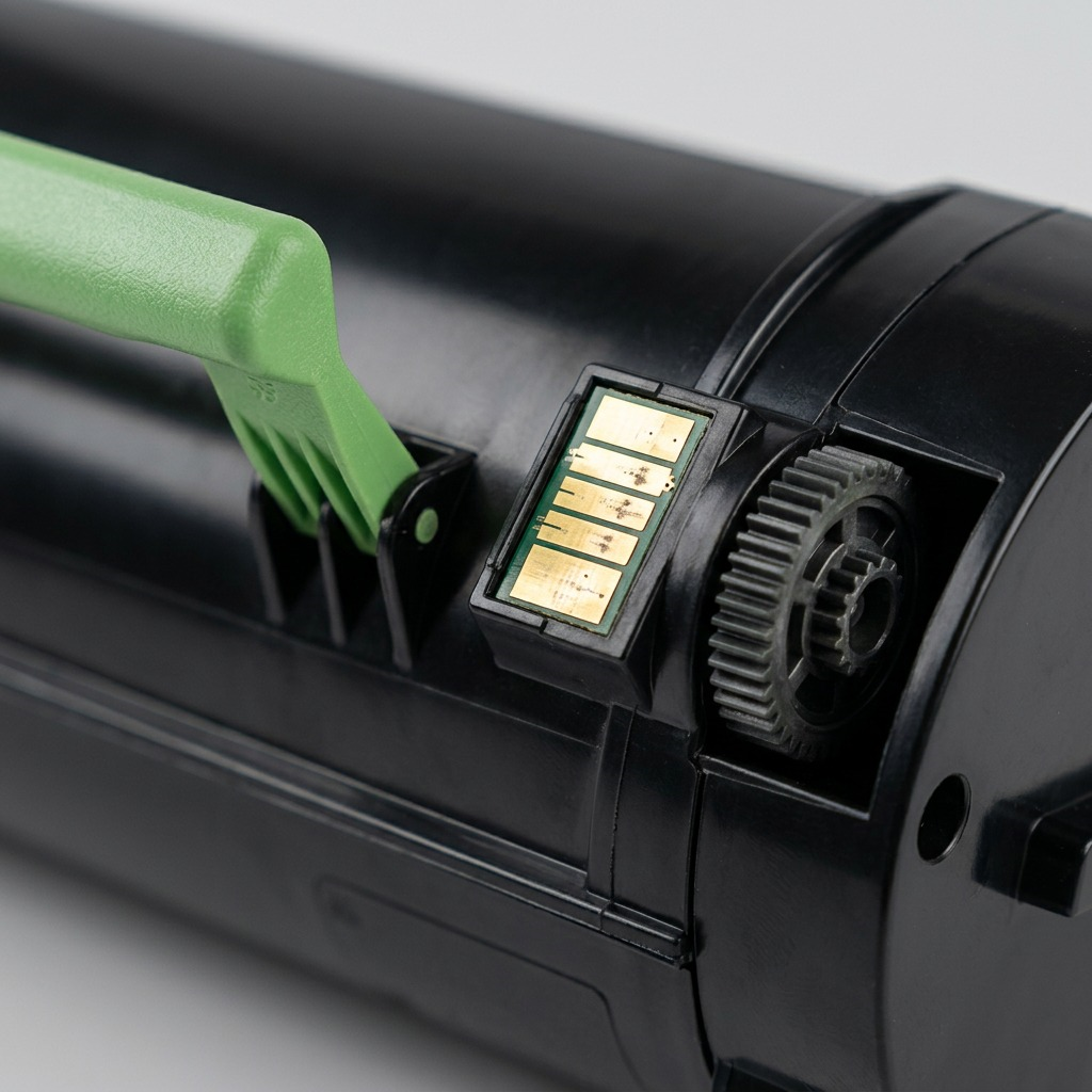 Macro detail of the gold-plated electrical contacts on the black toner cartridge surface.