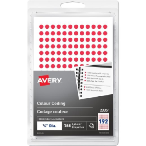 Avery Hand-write Colour Coding Labels ¼" Round, Removable, Red, 768/pkg