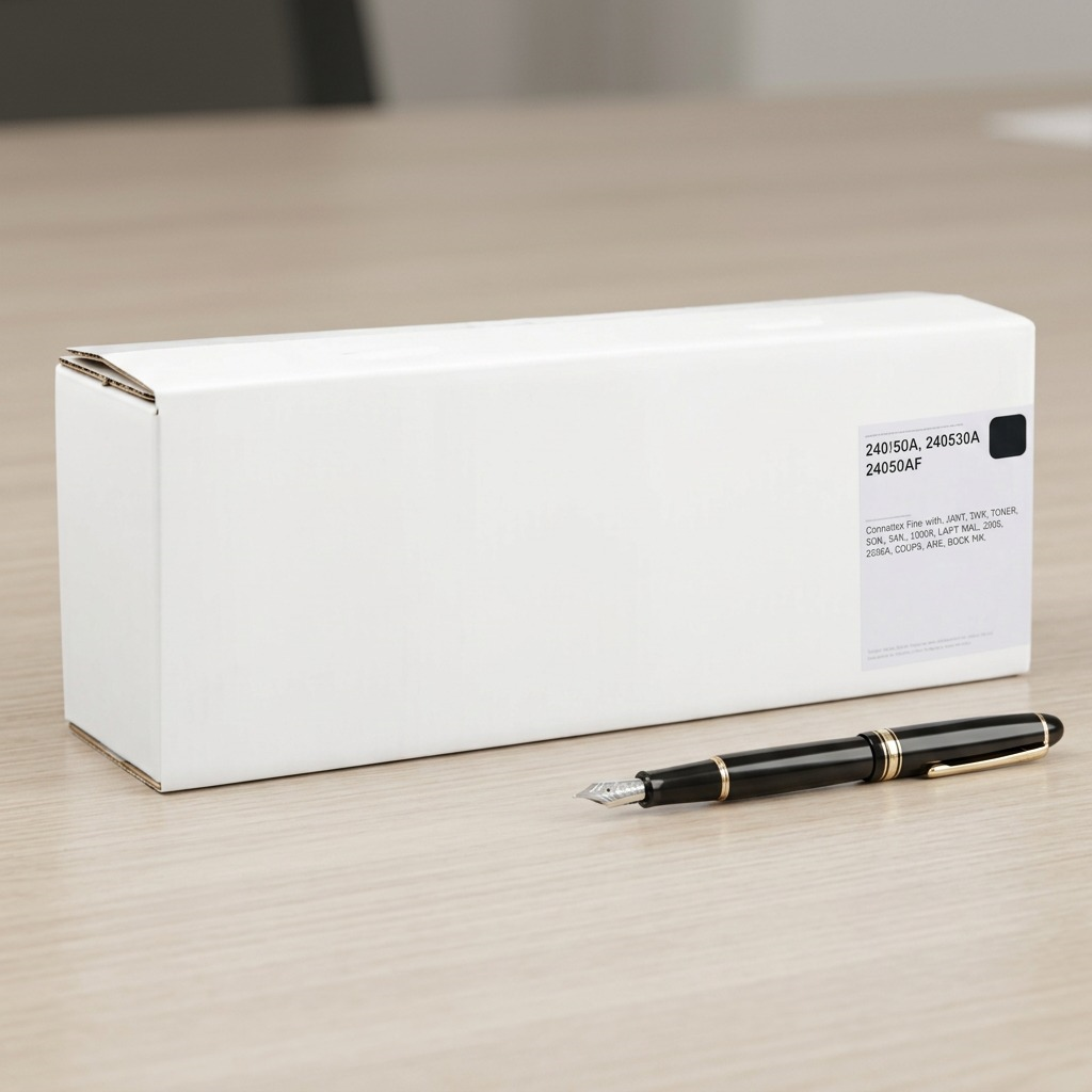 Product scale reference showing the toner box alongside a fountain pen on a desk for size perspective.