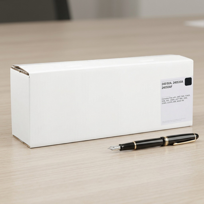 Product scale reference showing the toner box alongside a fountain pen on a desk for size perspective.