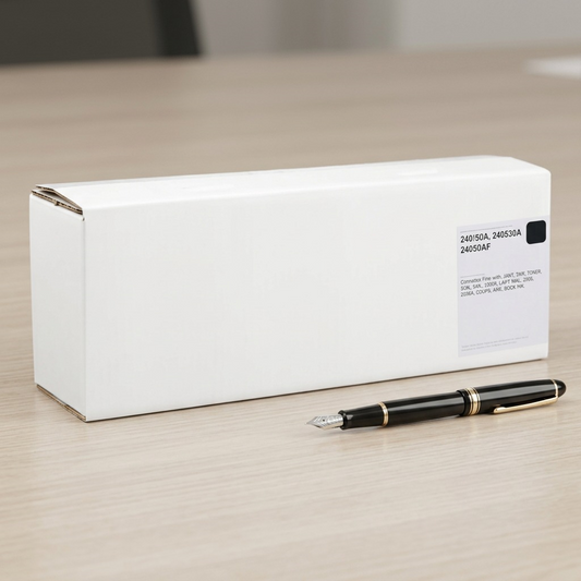 Product scale reference showing the toner box alongside a fountain pen on a desk for size perspective.