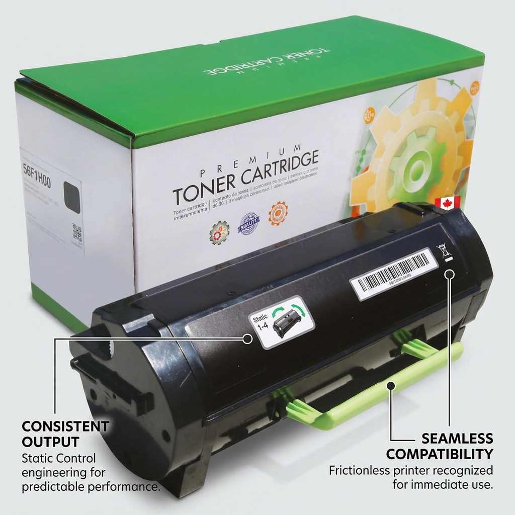Operational feature callout image for Static Control Lexmark 56F1H00, showing key benefits.