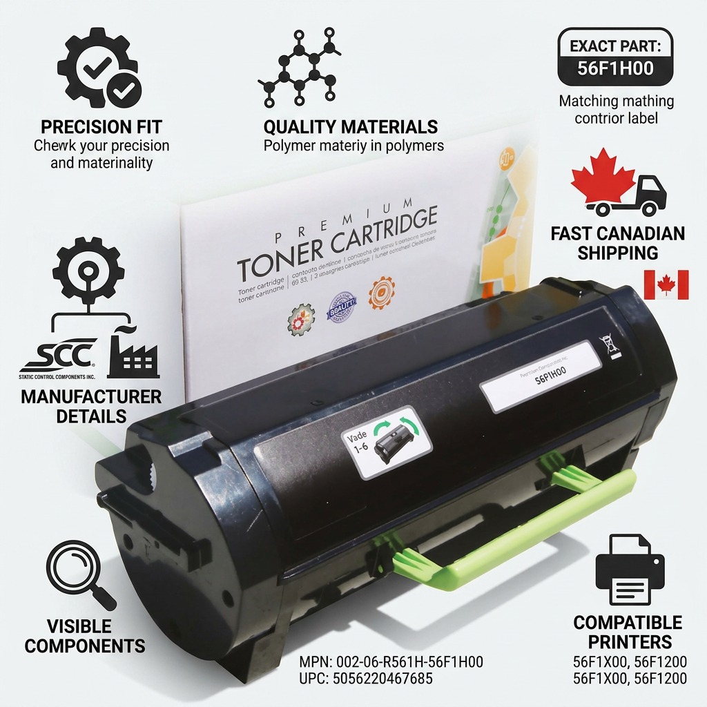 A trust and authority infographic centered on the SCC toner cartridge with icons for fit, build, materials, and fast Canadian shipping.