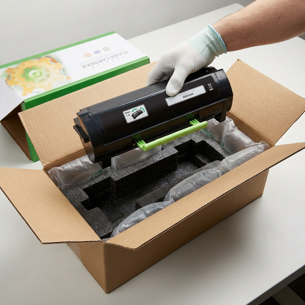 A photo-realistic image showing a complex black toner cartridge (Static Control 002-06-R561H) being safely lifted by a gloved hand from its protective foam inserts inside a sturdy shipping box with airbags, highlighting damage prevention.
