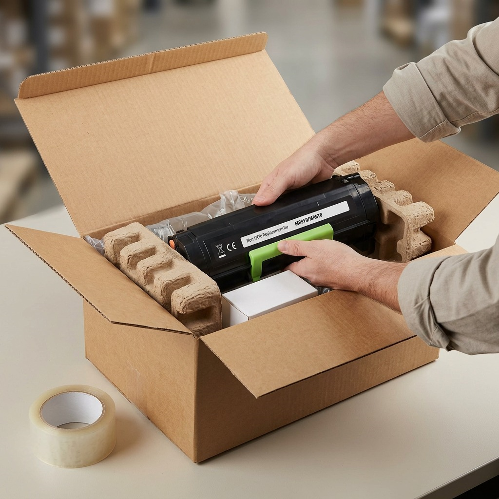 Person unboxes a replacement toner cartridge from dense custom protective foam in a standard brown shipping box.